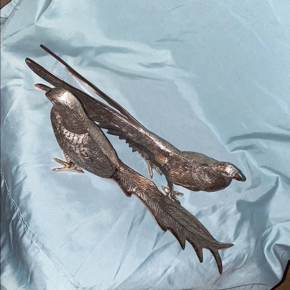 Vintage Lacquered Brass Silver finish Pheasant and  Japanese Peacock Bird Fig - Picture 8 of 10